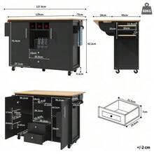 Carrito de servicio con 2 taburetes, carrito de cocina y encimera plegable con toallero, estante para especias, estante para vino y estantes ajustables, para comedor, sala de estar, balcón, mostrador, blanco - Negro - Ver 5