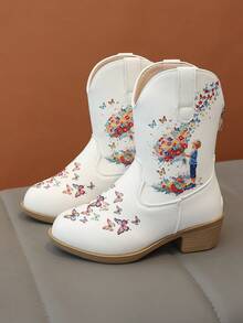 Girls' Portrait Butterfly Print Western Mid-Calf Boots With Rear Zipper And Chunky Heel Fashion Boots - White - View 5