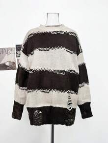 Autumn/Winter New Slouchy Color Block Striped Pullover Mid-Length Sweater Loose Round Neck Knit Top Fall - Brown - View 8