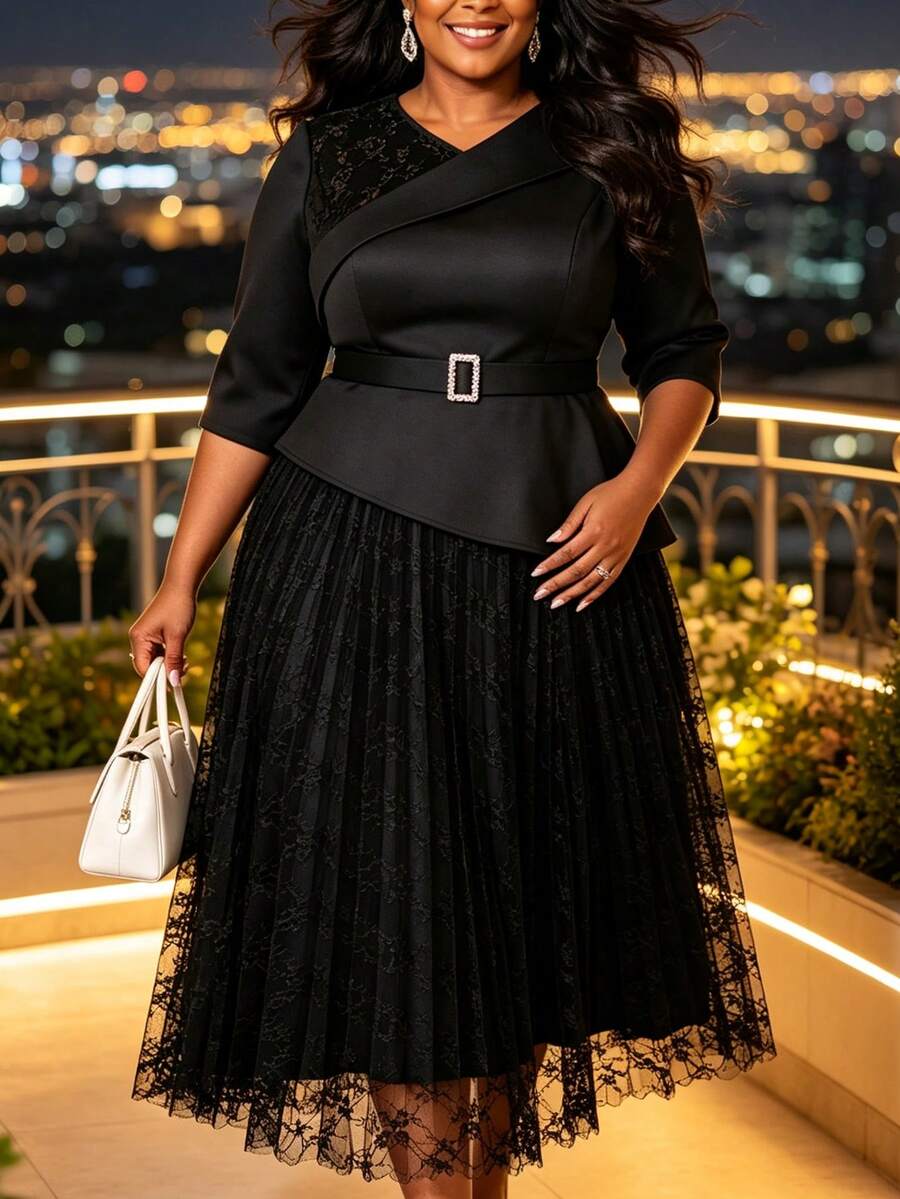 Plus Size Women's Black Asymmetrical Ruffle Lace Pleated Maxi Dress, Asymmetric Collar, 3/4 Sleeve, Waist Tie, Elegant Church Formal Party Gown - Black - View 1