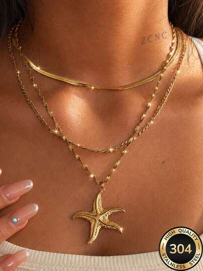 ZCNC 2026 Nuevo Collar de Cadena Ondulada Chapada en Oro de 18K de Acero Inoxidable con Colgante de Estrella de Mar, Collar de Cadena de Serpiente en Capas, Colgante de Estrella de Mar Texturizado, Accesorio de Ropa de Invierno para Mujer, Regalo de Halloween, Navidad y Año Nuevo, Conjunto de Joyas para Mujer