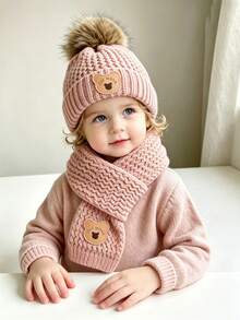 Autumn/Winter Children's Hat Set - Warm Plush Knitted Bear Design Hat, Suitable For 1-3 Years Old Boys And Girls - Multicolor - View 5