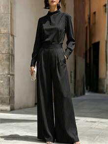 1pc Women's Fashion Elegant Casual Vertical Striped 2-Piece Set For Office And Daily Wear, Spring/Autumn - Black - View 1