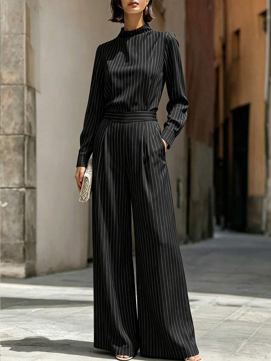 1pc Women's Fashion Elegant Casual Vertical Striped 2-Piece Set For Office And Daily Wear, Spring/Autumn - Black - View 1