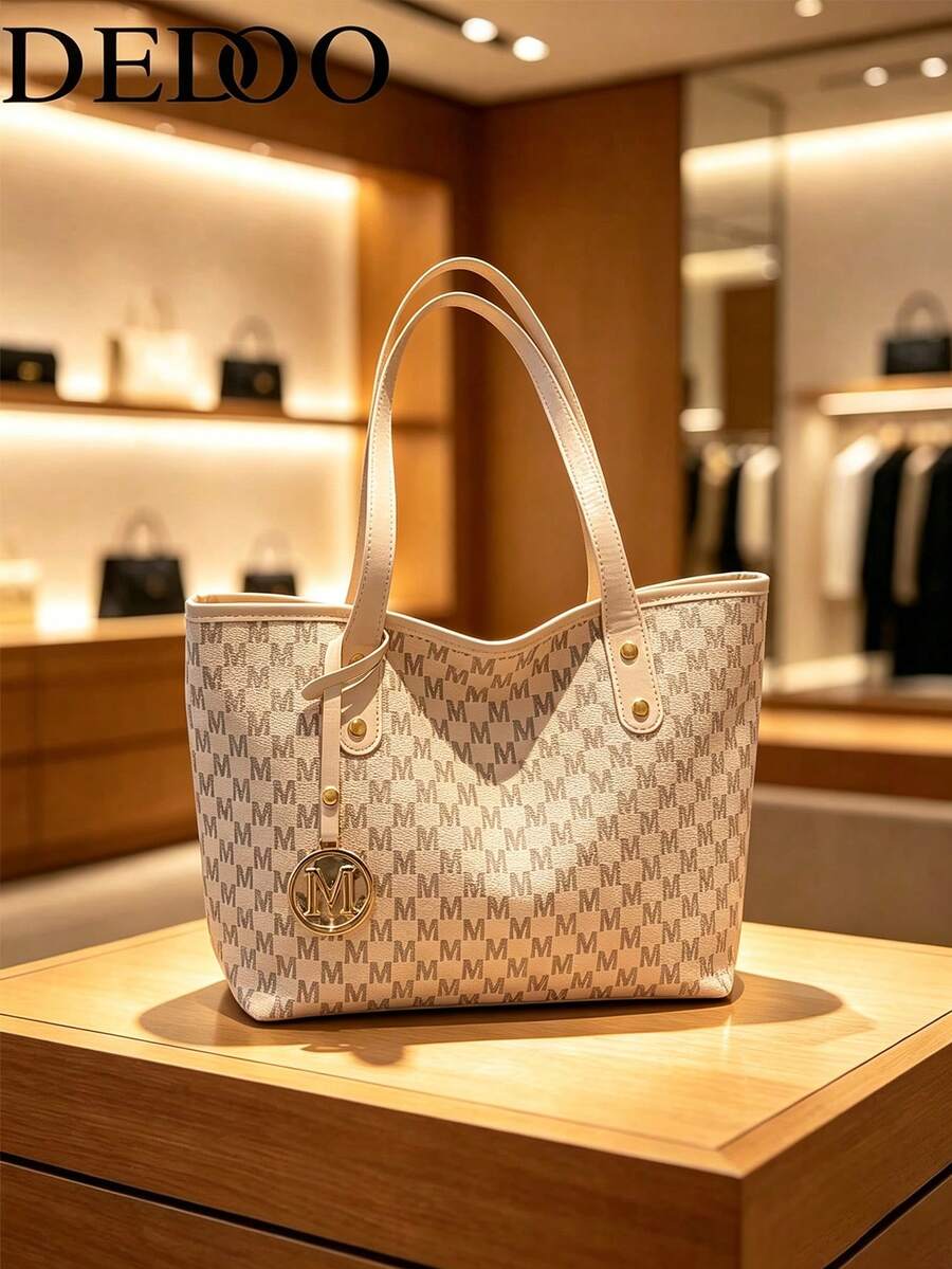 Dedoo Women's Shoulder Tote Bag, All-Over M Letter Pattern, Durable Composite Fabric, Large Capacity, Campus Backpack, Suitable For University Campus