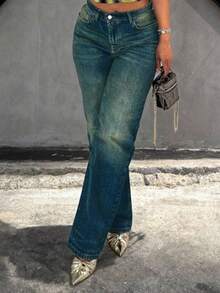 Celana Jeans Denim Wanita Model Lurus Longgar Bergaya Vintage dengan Efek Usang - Dark Wash - View 4