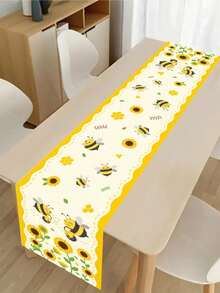 1pc 35*180cm Cute Yellow Bee & Sunflower Polyester Table Runner/Tablecloth, Birthday Party Dining Table Decor, Home Kitchen & Restaurant Tablecloth Decoration Fabric - Little Bee - View 6