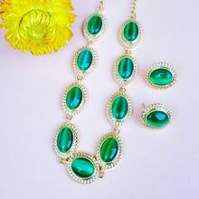 Conjunto de Joias Vintage com Colar Choker de Pedra Verde Esmeralda Oval & Brinco de Pino, Borda Dourada Antiga, Mulheres Formal Banquete Casamento Festa Noturna - olho de gato oval - Visão 9