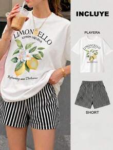 Women Two-Piece Outfits - 2 Playera Blanca con Short Rayas Negro con Blanco - View 1