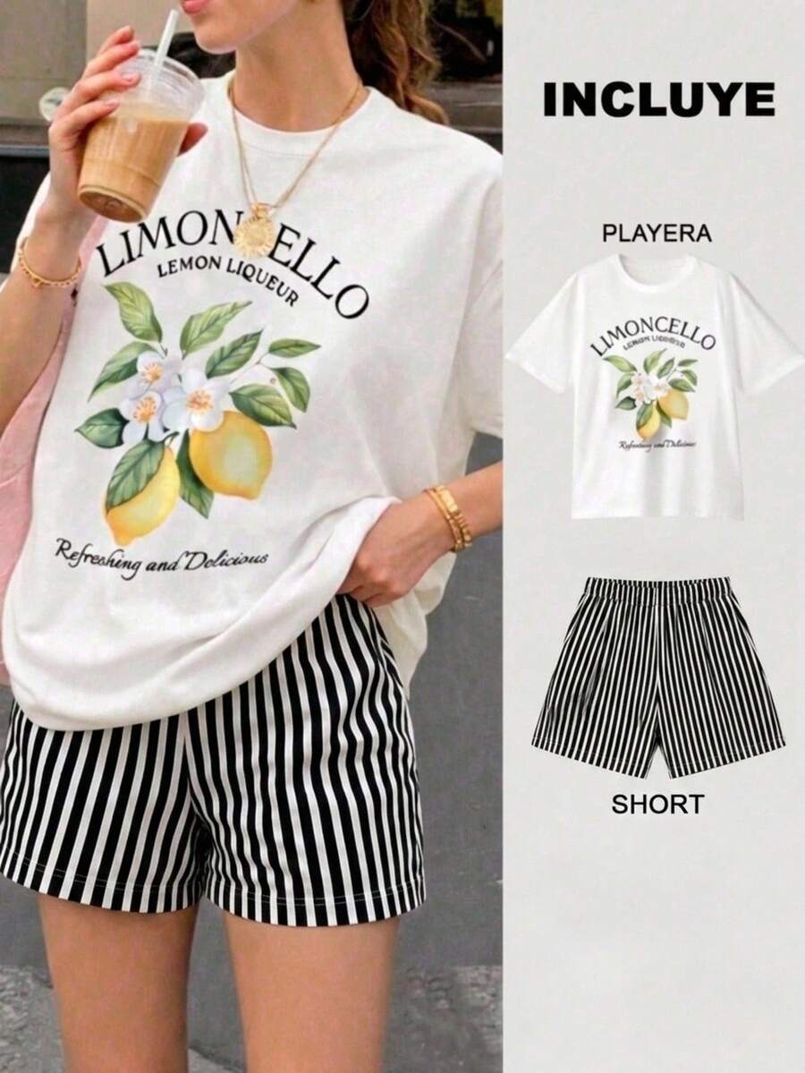 Women Two-Piece Outfits - 2 Playera Blanca con Short Rayas Negro con Blanco - View 1