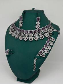 Middle East Dubai Luxury Pearlescent Heavy Work White Zirconia 4-Piece Jewelry Set, Pakistan Saudi Arabia Bridal Party Jewelry Set, Wedding Accessories Gift - Purple - View 2