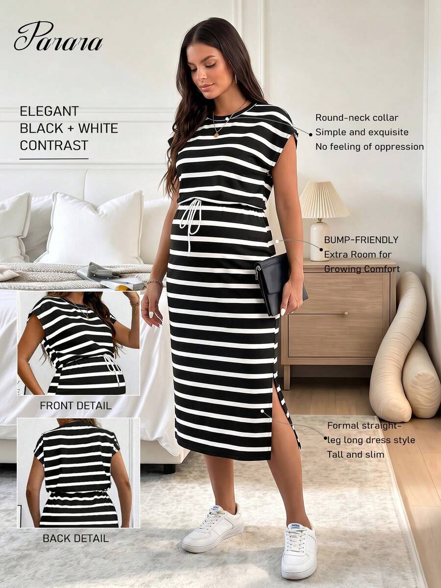 Parara Sleeveless Maternity Dress, Commuting Style, Elegant, Bodycon Summer - Black and White - View 1