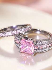 Yayi jewelry 2PCS Women's Princess Square Double-Row Sparkling Rings, Wide Main Ring Paired With Double-Layer Thin Rings, Luxury Style Stackable Rings, Bridal Wedding Rings With Novel Design, Young Girl Engagement Anniversary Gift - Pink - View 6