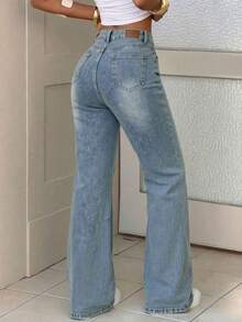 Pantalones de mezclilla rectos lavado, elásticos, efecto levantador de glúteos, control abdominal y caída amplia - Azul - Ver 3