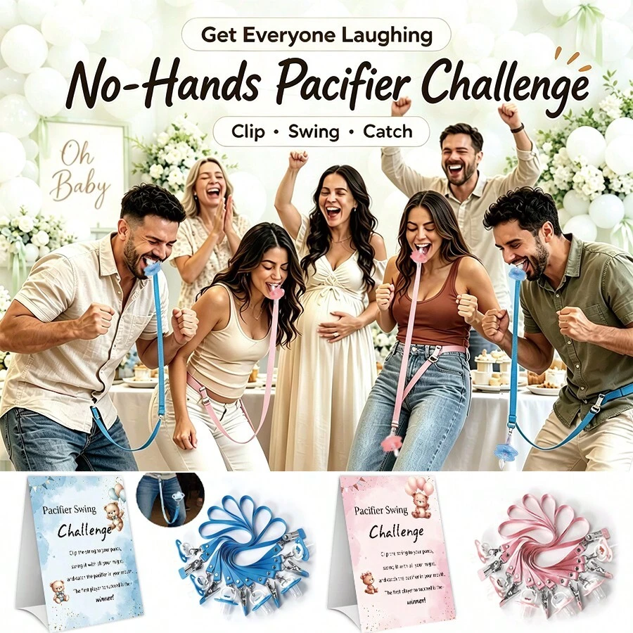 19pcs Baby Shower Pacifier Toss Challenge Game Set, Hands-Free Clip-On Pacifier Throwing Interactive Props, Includes 6 Pacifiers, 6 Lanyards, 6 Metal Clips And 1 Game Instruction Card, Suitable For UK/US Baby Shower, Pregnancy Party, Gender Reveal Party, Family Gathering And Birthday Celebration, Fun Icebreaker Game For All Guests, Create Lively Atmosphere, Perfect For Photo/Video, Friend Competition, Table Decoration And Party Memories - Multi-color - Pacifier - View 1