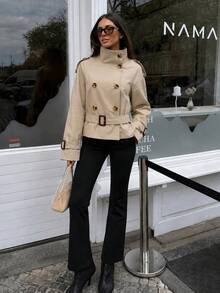 MUMRAP Jaket Wanita Musim Gugur Kerah Tegak Kancing Polos Lengan Panjang Gaya Jalanan dengan Sabuk - Khaki - View 2