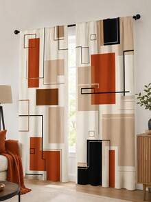2pcs Creative Geometric Cube Digital Print, Multi-Color Palette, Minimalist Modern Style, Suitable For Bedroom, Living Room, Rental Home Decor, Semi-Sheer, Rod Pocket Installation - Multi-color C - View 1