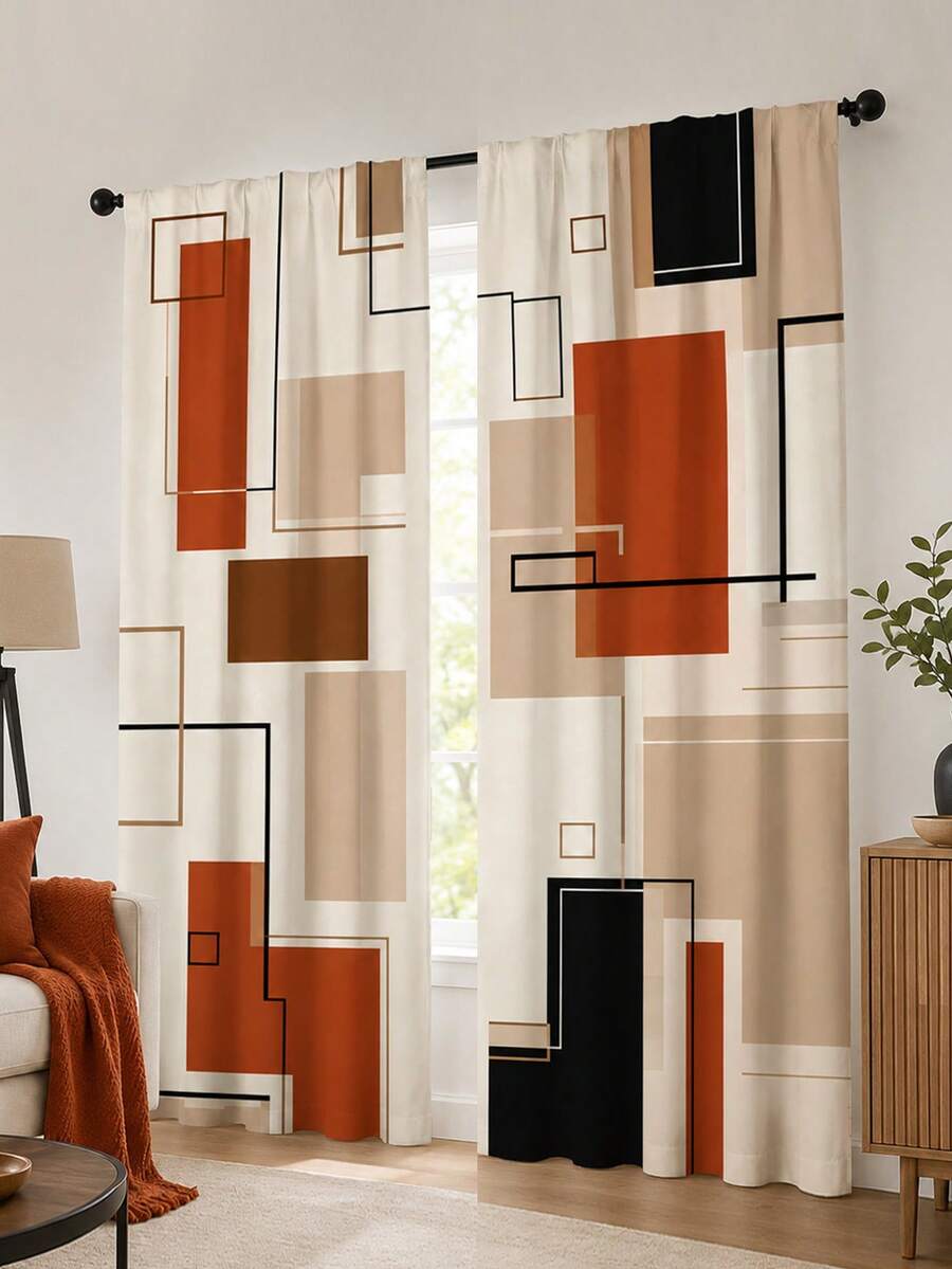 2pcs Creative Geometric Cube Digital Print, Multi-Color Palette, Minimalist Modern Style, Suitable For Bedroom, Living Room, Rental Home Decor, Semi-Sheer, Rod Pocket Installation - Multi-color C - View 1