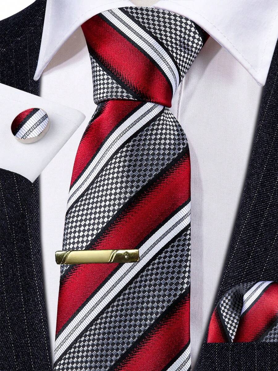 Stripe Red Necktie Pocket Square Cufflinks Tie Clip 4pcs Pack For Valentine Fine Dining & Engagement Celebration Parties - Red - View 1