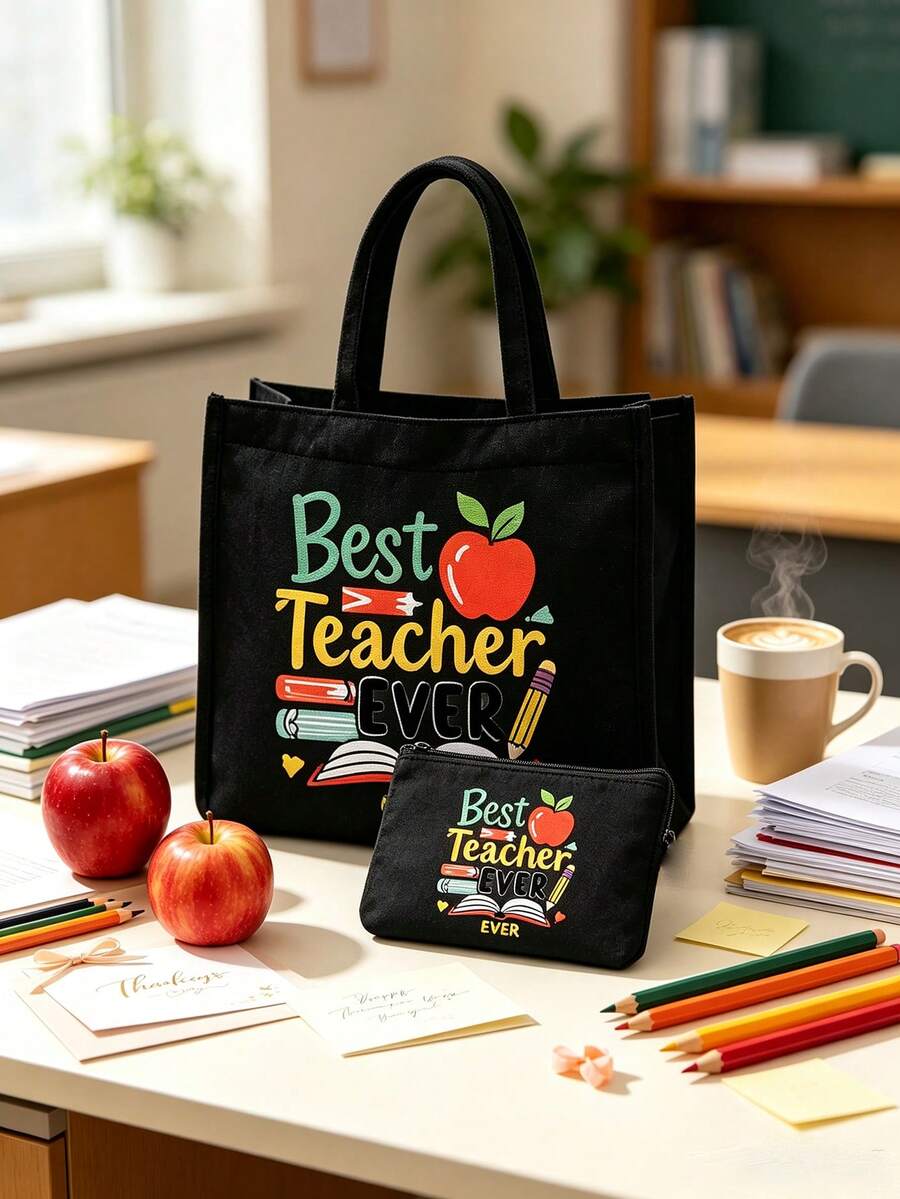 Teacher Theme Black Linen Tote Bag Set, Includes Large Tote Bag + Small Coin Purse, Printed With Best Teacher Ever Apple Design, Large Capacity Durable Canvas Material, Perfect Gift For Teacher's Day, Suitable For Students To Purchase And Give To Teachers, Daily Commute, Lesson Planning, Book And Stationery Storage - Multicolor - View 1
