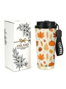 1pc/5pcs 500ml Thanksgiving Autumn Harvest Pattern Insulated Coffee Cup, With Carrying Strap, Reusable Travel Insulated Coffee Cup, Fashionable Drinking Cup, For Iced Coffee, Birthday Holiday Gift For Boyfriend, Pumpkin Maple Leaf Print, Couple Water Cup Suitable For Camping, Road Trips And Holiday Gifts - Multicolor - View 9