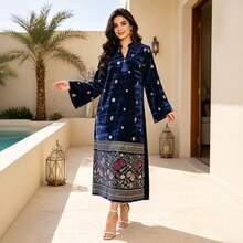 Heavy Beaded Embroidered Arabic Women's 2026 Winter Blue Elegant Dress, JALABIYA Long Sleeve Notch V-Neck, Winter Casual Party Outfit - Royal Blue - View 3