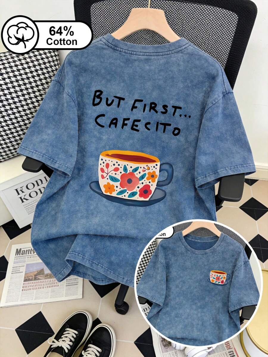 大尺碼女款 T-shirt,復古水洗咖啡圖案雙面印花短袖 T-shirt,咖啡愛好者圓領休閒上衣,夏季上衣 - 藍色 - 查看 1