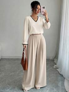abyoxi V Neck Contrast Black Trim Blouse Women Elegant Puff Long Sleeve Flare Cuff Satin Shirt Casual Office Daily Wear Chic Loose Fit Tops - Apricot - View 6