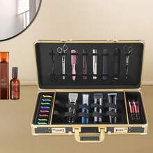 InSyoForeverEC Borsa da trasporto per parrucchiere, valigetta per strumenti da barbiere, custodia per trimmer, scatola per parrucchiere, organizer per forbici e pettini, box portatile per tagliacapelli, set di styling da viaggio, custodia da trasporto con serratura, nero e oro - A - Visualizzare 6