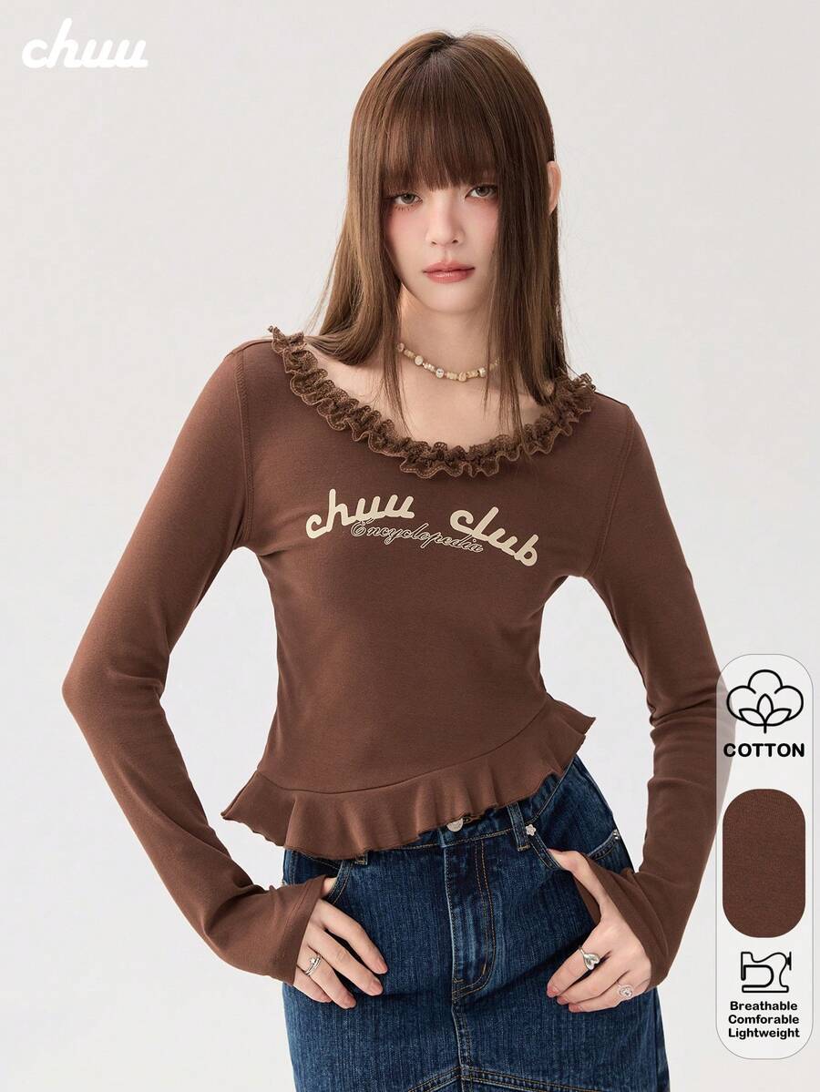 CHUU 單字母針織布蕾絲拼接 T-Shirt,約會日常秋冬內搭外穿修身不對稱上衣 - 咖啡棕 - 查看 1