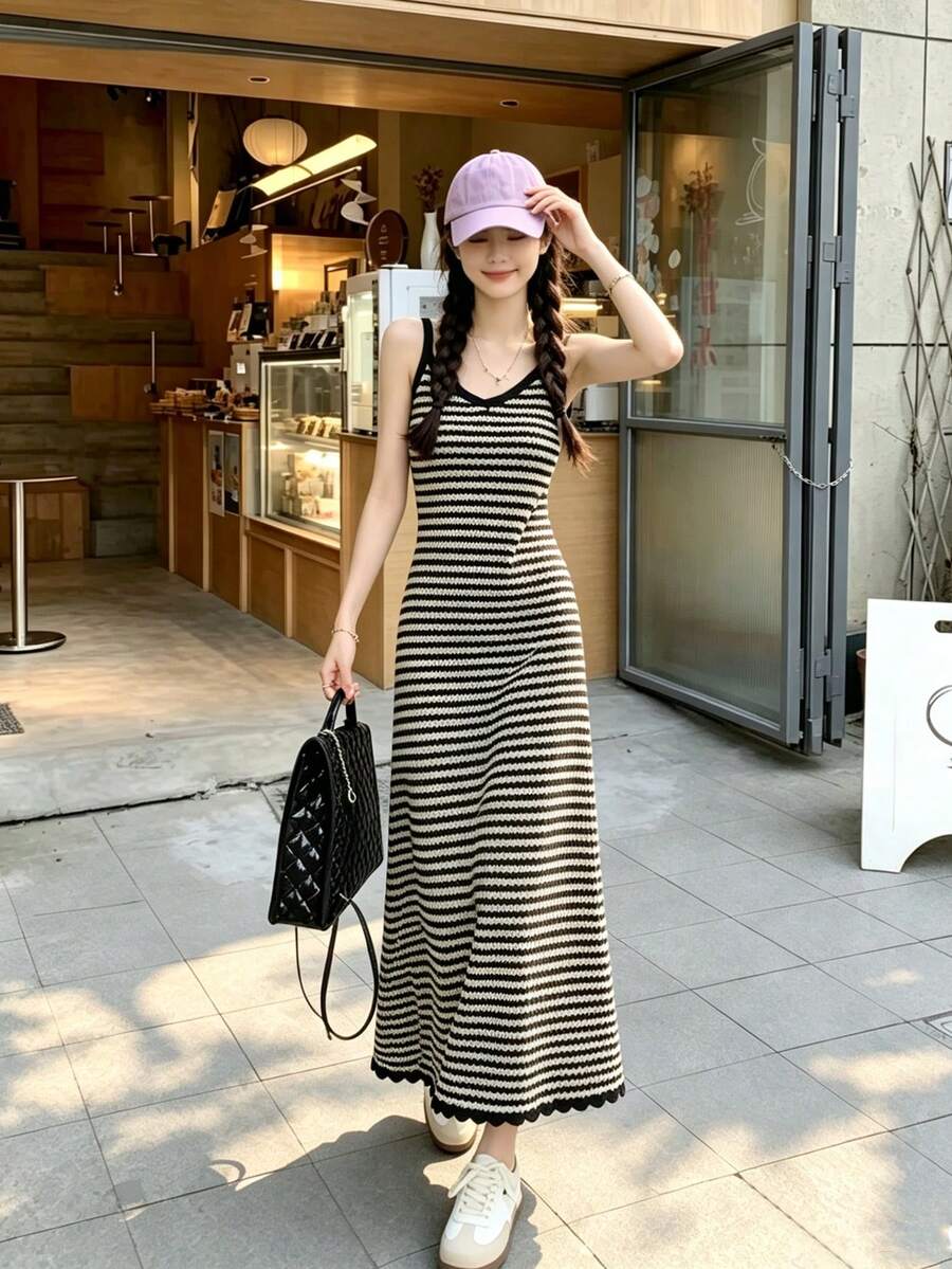 女士休闲条纹吊带连衣裙，百搭优雅，适合夏季穿着 - 杏色 - 查看 1
