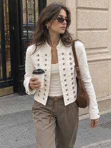 Denim Jacket Summer Jackets For Women White Cropped Jacket Denim Top Button Coat Vintage Spring Long Sleeve Jean Jacket Ladies Going Out Short Jacket - White - View 1