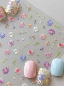 1片春季彩色雛菊3D浮雕美甲貼紙，含多色五瓣花、葉片與花苞，3D刺繡浮雕工藝，清新療癒INS花卉風，柔和濃郁花色，多種圖案尺寸，易貼附，適用於凝膠美甲與手工穿戴甲，打造溫柔浪漫森林花卉美甲藝術 - 彩色 - 查看 1