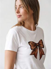 Short Sleeve Crew Neck, Soft Breathable Brown Coquette Bow Pattern For Daily Outdoor Outfits Spring Summer Autumn, Local Shipping - 白色 - 查看 4