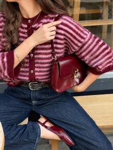 MORI Fall Winter Women Cardigans Y2K Cozy Wine Red Striped Elbow Sleeve Crewneck Loose Knit Sweater Cardigan Button Down Tops Fall Fashion Outfits - Red and Pink - View 6