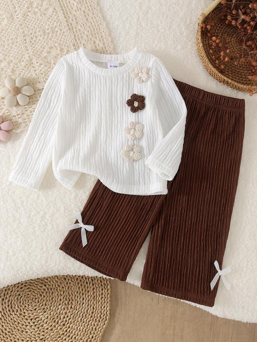 2pcs Girls (Infant) Casual Gentle Minimalist Style 3D Floral Decor Round Neck Long Sleeve Top & Double Bow Straight Leg Pants Set, Spring/Autumn Thin - White - View 1
