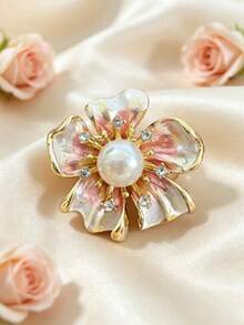 1Pc Sparkly Rhinestone Petal Flower Shape Pearl Inlaid Lapel Pin, Retro Chic Versatile Brooch, Jewelry For Ladies Daily & Gathering Wear - Floral Style B Pink - View 7
