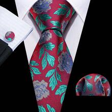 Red Teal Floral Necktie Pocket Square Cufflinks Tie Clip 4pcs Pack For Valentine Romantic Dinner & Engagement Celebration Party - Red - View 2
