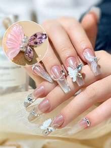 10pcs Ice Crystal Butterfly Nail Art Charms Handmade Rhinestone White Powder Crystal Nail Decor, Suitable For Nail Art Embellishment And Resin Craft Decoration, Random Color - Multicolor - View 3
