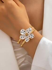 1pc Fashionable Elegant Exquisite Artificial Drip Oil Pearl White & Black Polka Dot Five-Petal Flower Open Cuff Bracelet For Women, Suitable For Daily Wear And Holiday Wear, Perfect Gift Choice - White Black - View 6