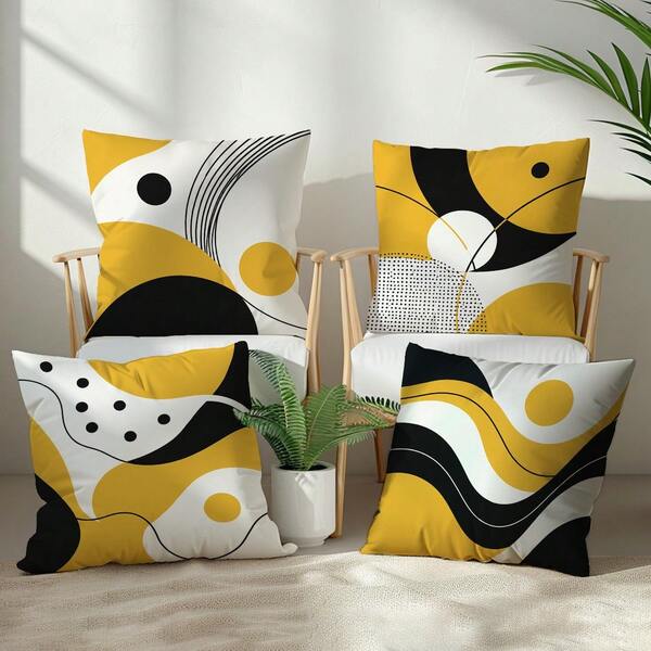 4 pièces Housses de coussin minimalistes abstraites jaune & noir avec lignes géométriques, imprimées sur un seul côté en tissu polyester peau de pêche, taies d'oreiller 45*45CM pour canapé moderne en tissu, décoration intérieure, décoration de fête, cadeau