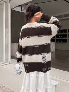 Autumn/Winter New Slouchy Color Block Striped Pullover Mid-Length Sweater Loose Round Neck Knit Top Fall - Brown - View 6