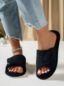 Women's Strap Flat Hook And Loop Non-Slip Wear-Resistant Solid Color Open Toe Low Heel Fuzzy Slippers Home Comfortable Rabbit Fur Faux Fur - Black - View 2