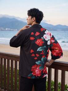 Vintage Peony Print Kimono Cardigan Men's Summer Lightweight Loose Casual Jacket - Black - View 3