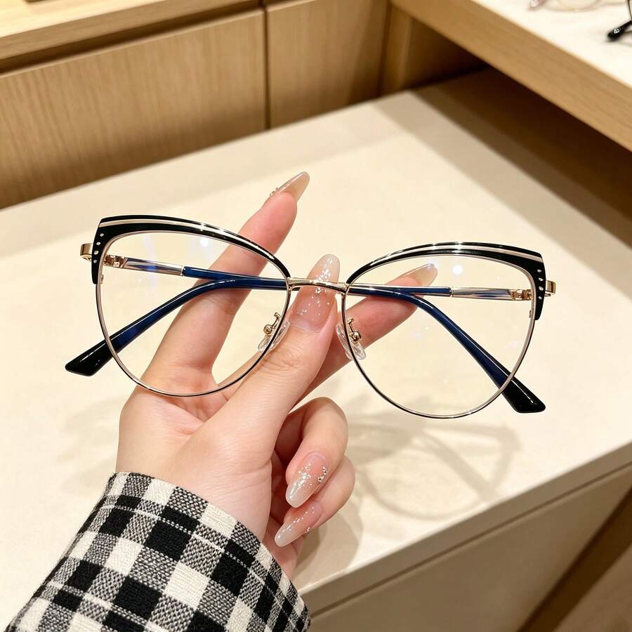 1對女款金屬框貓眼時尚配飾休閒搭配素鏡片眼鏡 - 無色 - 查看 1