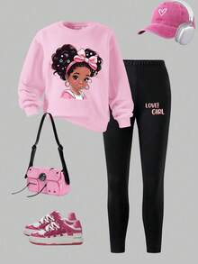 Young Girl Cartoon Print Round Neck Long Sleeve Top And Leggings - Pink - View 3