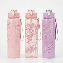 1pc 800ML New Creative Viral Print Space Cup, Portable Drawstring Flip Lid Plastic Cup, Cute Cherry Blossom Pattern, Highly Attractive Straw Water Bottle, Handbag Cup - Multicolor - View 4