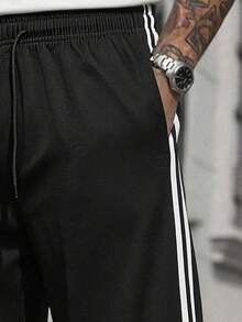 Men's Striped Straight Leg Casual Sports Long Pants, Loose Straight Leg, Elastic Drawstring, Straight Loose Fit Black Fall - Black - View 3