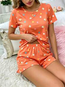 Orange Cartoon Print 2 Pieces Pajama Set For Women - Orange - View 2