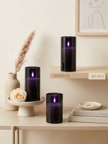 3pcs Remote Control Purple Flame Electronic Candles, Realistic Flickering Purple Flame, Timer Dimmable, Halloween Dark Room Bedroom Party Smokeless Tabletop Atmosphere Decoration Candle Light Set - Black Purple Light - View 5